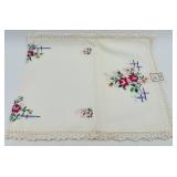 Set of Hand-Made Embroidered Linen Table Runner, place mats and napkins with Floral Design