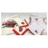 Set of Vintage Strawberry Print Linen Napkins and Embroidered Table Linens