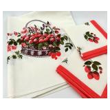 Set of Vintage Strawberry Print Linen Napkins and Embroidered Table Linens