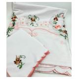 Set of Vintage Strawberry Print Linen Napkins and Embroidered Table Linens