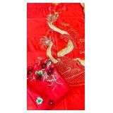 2 Piece - Red Silk fabric with Dragon and Floral Embroidery - SEE ALL PHOTOS