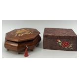 Pair of Vintage Ukrainian Inlaid Wooden Music and Jewelry Boxes with Floral Designs