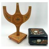 Ukrainian Folk Art Wooden Candle Holder and Trinket Box Set