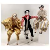 Set of 3 Porcelain Pierrot and Harlequin Clown Dolls with Metallic Outfits