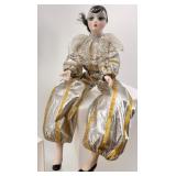 Set of 3 Porcelain Pierrot and Harlequin Clown Dolls with Metallic Outfits