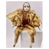 Set of 3 Porcelain Pierrot and Harlequin Clown Dolls with Metallic Outfits