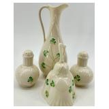 Belleek Ireland Porcelain Harp Shamrock Pitcher, Bell, and Salt & Pepper Set