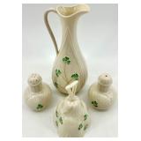 Belleek Ireland Porcelain Harp Shamrock Pitcher, Bell, and Salt & Pepper Set