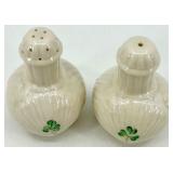 Belleek Ireland Porcelain Harp Shamrock Pitcher, Bell, and Salt & Pepper Set