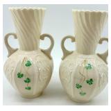Pair of Belleek Harp Shamrock Porcelain Vases