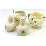 Belleek Ireland Harp Shamrock Creamer, Sugar Bowl, and Salt & Pepper Shakers Set