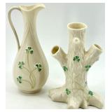 Belleek Ireland Cream Vase and Tree Trunk Triple Bud Vase Set with Shamrock Design