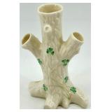 Belleek Ireland Cream Vase and Tree Trunk Triple Bud Vase Set with Shamrock Design