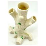Belleek Ireland Cream Vase and Tree Trunk Triple Bud Vase Set with Shamrock Design