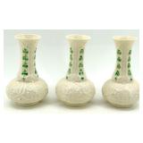 Set of 3 Belleek Irish Porcelain Vases with Harp Shamrock Design