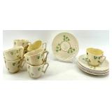 Belleek Ireland Harp Shamrock Cup and Basketweave Saucer Set, 9 Cups and 9 Saucers