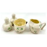 Belleek Ireland Harp Shamrock Pattern Porcelain Creamer, Sugar Bowl, and Salt & Pepper Shakers Set