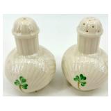 Belleek Ireland Harp Shamrock Pattern Porcelain Creamer, Sugar Bowl, and Salt & Pepper Shakers Set