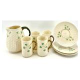 Belleek Basketweave Shamrock Porcelain Pitcher, 4 Mugs and 4 Saucers Set