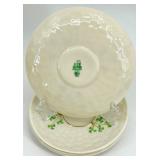 Belleek Basketweave Shamrock Porcelain Pitcher, 4 Mugs and 4 Saucers Set