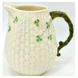 Belleek Basketweave Shamrock Porcelain Pitcher, 4 Mugs and 4 Saucers Set