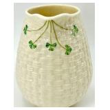 Belleek Basketweave Shamrock Porcelain Pitcher, 4 Mugs and 4 Saucers Set