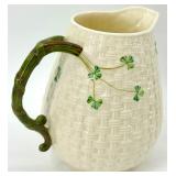 Belleek Basketweave Shamrock Porcelain Pitcher, 4 Mugs and 4 Saucers Set