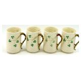 Belleek Basketweave Shamrock Porcelain Pitcher, 4 Mugs and 4 Saucers Set