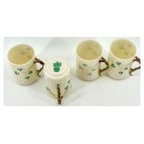 Belleek Basketweave Shamrock Porcelain Pitcher, 4 Mugs and 4 Saucers Set