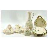 Belleek Ireland Harp Shamrock Porcelain Collection - Pitcher, Trinket dishes, Bell and Plates