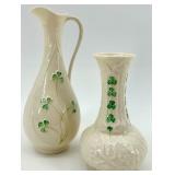 Belleek Irish Porcelain Vase and Pitcher Set with Shamrock Design