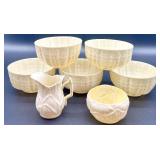 Set of Belleek Lily Pattern Creamer, Sugar Bowl, and 6 Bowls