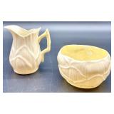 Set of Belleek Lily Pattern Creamer, Sugar Bowl, and 6 Bowls