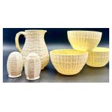 Belleek Tridacna Milk Pitcher, Three Bowls, and Salt & Pepper Shakers Set
