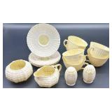 Belleek Limpet Pattern Cream Porcelain Tea Set with Cups, Saucers, Creamer, Sugar, and Shakers