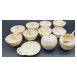Belleek Ireland Limpet Pattern Creamer, Sugar Bowl with Lid, and 8 Neptune shell Footed Bowls