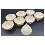 Belleek Ireland Limpet Pattern Creamer, Sugar Bowl with Lid, and 8 Neptune shell Footed Bowls