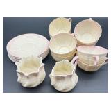 Belleek Neptune pink Shell Pink Creamer, Sugar, and 9 Cups with 9 Saucers