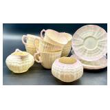 Belleek Pink Tridacna Tea Set with Cups, Saucers, Creamer and Sugar Bowl