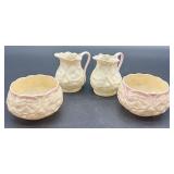 Belleek Pink Lotus Pattern Creamer and Sugar Bowl Set of 4