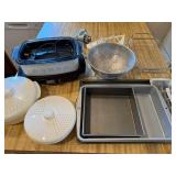 Vintage Kitchenware Lot with Slow Cooker, Baking Pans, Colander, and More