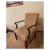 Upholstered Arm Chair with Wooden Frame and Damask Pattern