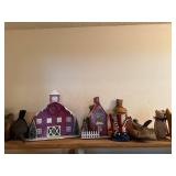 Collection of Country Farmhouse Decor Including Barns, Houses, and Primitive Figures