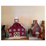 Collection of Country Farmhouse Decor Including Barns, Houses, and Primitive Figures
