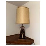 Vintage Wooden Table Lamp with Candle Accent and Fabric Shade