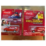 Set of 4 Collectible Toy Vehicles Including Coca-Cola Delivery Trucks and Horse Drawn Wagon