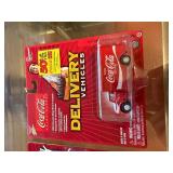 Set of 4 Collectible Toy Vehicles Including Coca-Cola Delivery Trucks and Horse Drawn Wagon