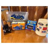 Collection of Vintage Vehicle Models and Railroad Mug