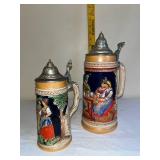 Pair of Vintage German Beer Steins with Pewter Lids