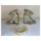 Art Deco Style Onyx Bookends with Matching Ashtray Set